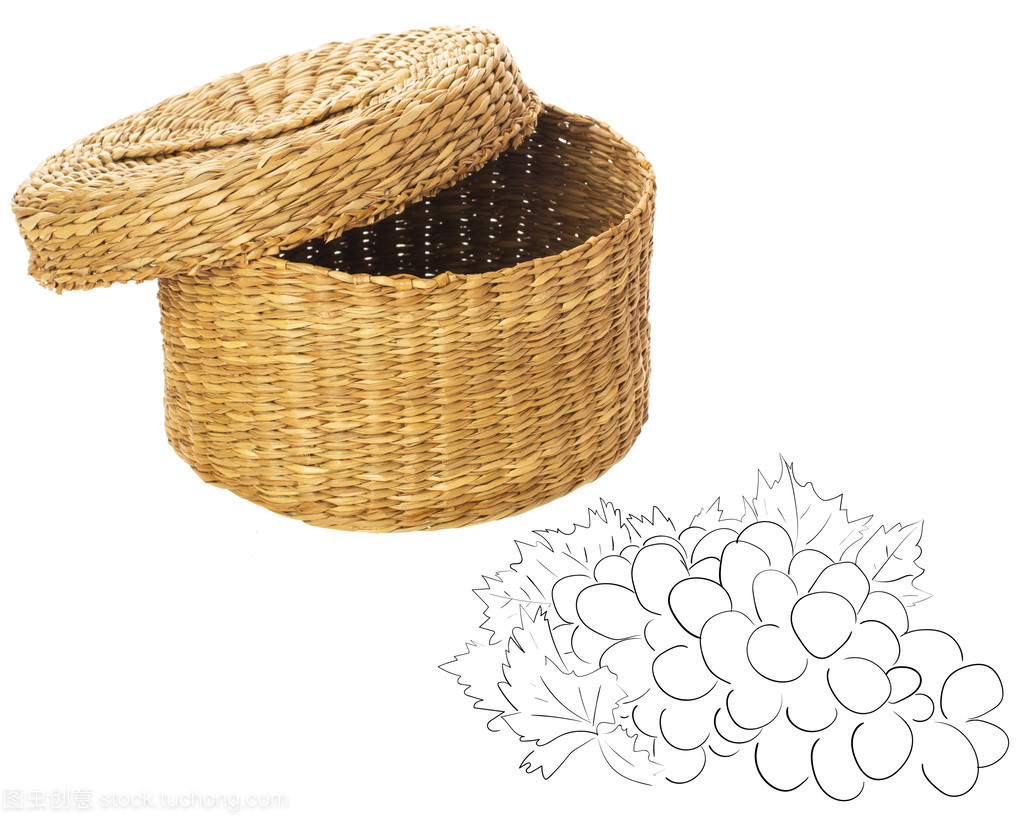 编织草篮带盖半开白色背景上
